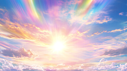 Obraz premium Celestial Dawn Breaking Through Clouds With Rainbow Rays Of Hope And Serenity In The Sky