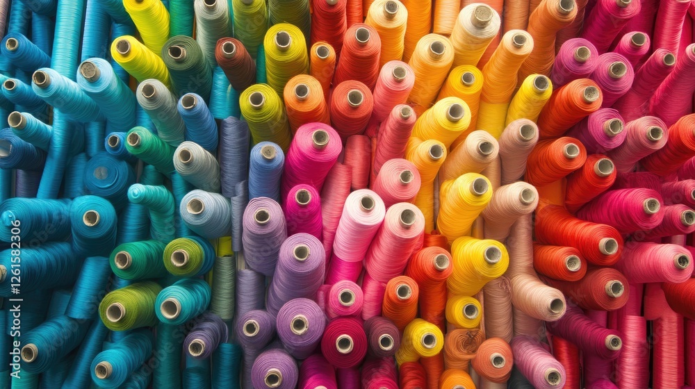 Poster a stunning arrangement of colorful spools of thread in a vibrant display, ideal for showcasing diy p