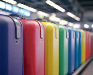 Row of Multicolored Carry-On Suitcases in Airport