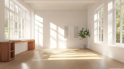 Fototapeta premium Bright office with white walls, wooden desks, and natural light