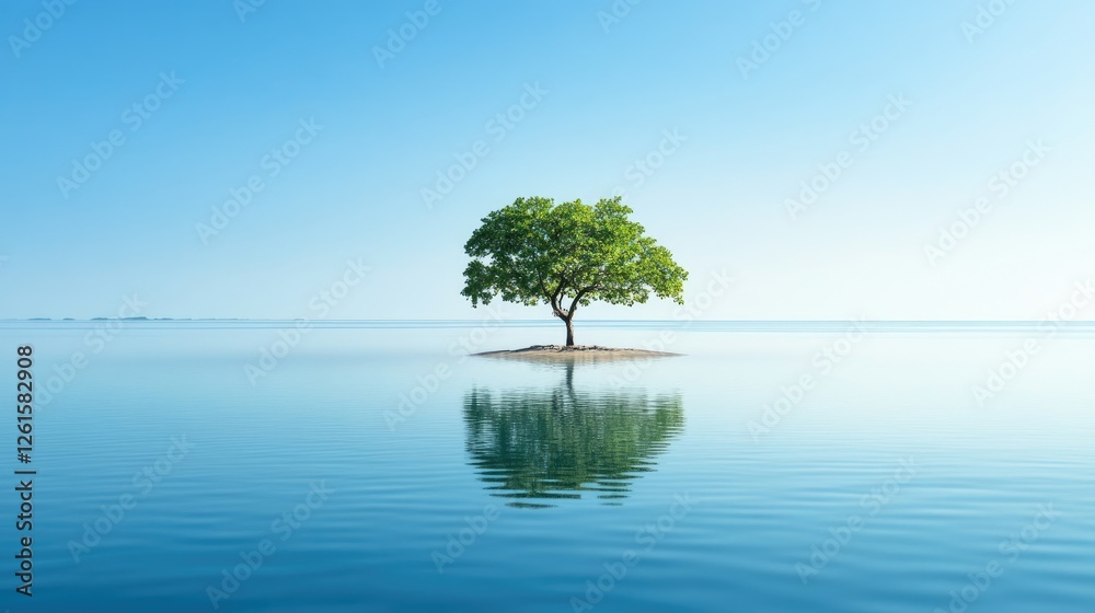 Poster A tranquil island scene with a single tree surrounded by calm water, the clear blue sky creating a serene environment with room for copy or design