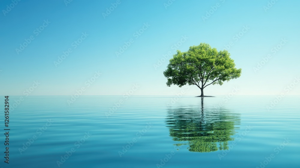 Poster A tranquil island scene with a single tree surrounded by calm water, the clear blue sky creating a serene environment with room for copy or design