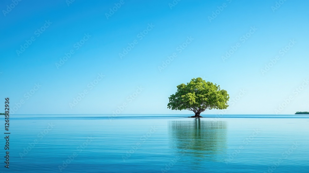 Poster A tranquil island scene with a single tree surrounded by calm water, the clear blue sky creating a serene environment with room for copy or design