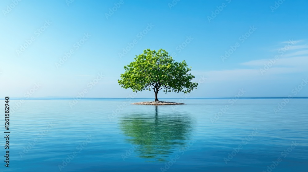 Poster A tranquil island scene with a single tree surrounded by calm water, the clear blue sky creating a serene environment with room for copy or design