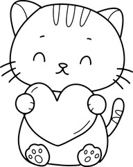 Cute cat with heart cartoon animal outline,line art clipart png illustration	