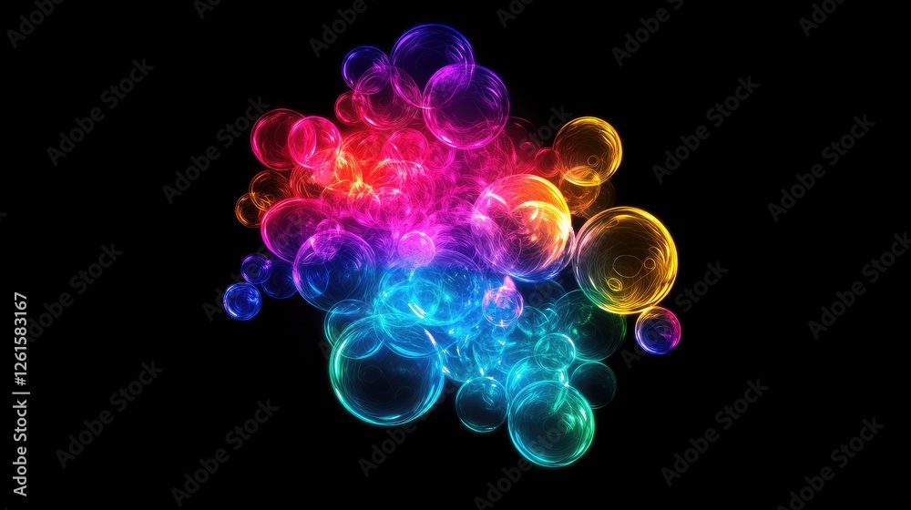 Poster A vibrant cluster of neon bubbles glowing in vivid colors, set against a deep black background, creating an eye-catching and dynamic visual design