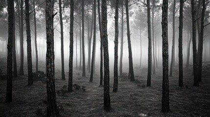 Fototapeta premium A misty forest scene with tall trees shrouded in fog, creating a mysterious atmosphere.