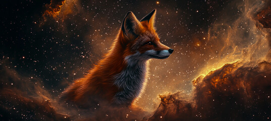 A fox, illuminated by the light of stars and galaxies, stands among swirling nebulae and cosmic dust.