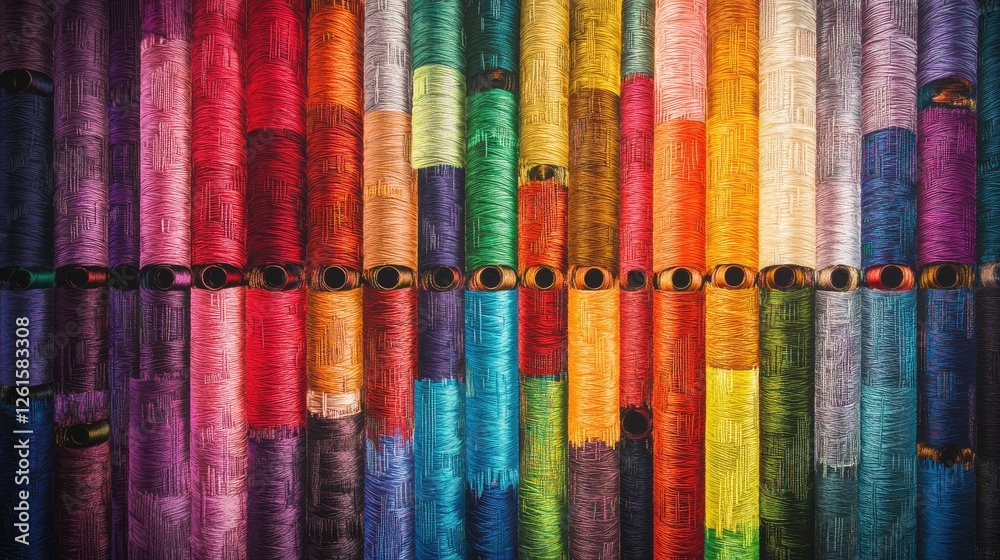 Poster A vibrant display of colorful spools of thread arranged in a stunning pattern, showcasing a spectrum of textiles perfect for sewing and DIY projects