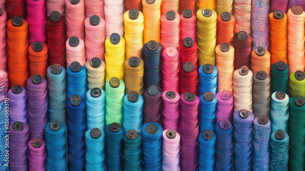 Poster A vibrant display of colorful spools of thread arranged in a stunning pattern, showcasing a spectrum of textiles perfect for sewing and DIY projects