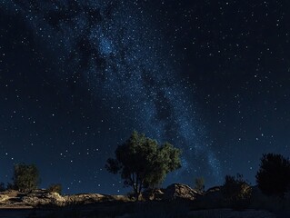 Naklejka premium Starry night sky over desert landscape, lone tree, background, wallpaper