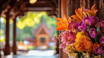 A vibrant floral arrangement of orchids and roses, beautifully framed by the detailed wooden carvings of a traditional Thai pavilion in the background