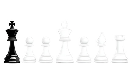 Chess Pieces Array Black King Stands Out Against White Pawns King Bishop and Rook Ensemble