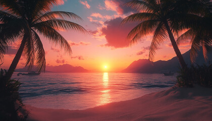 Tropical sunset over a tranquil beach with palm trees and distant mountains scenery