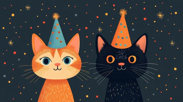 Fun vector illustration of a cat and dog wearing party hats ideal for celebration themed designs