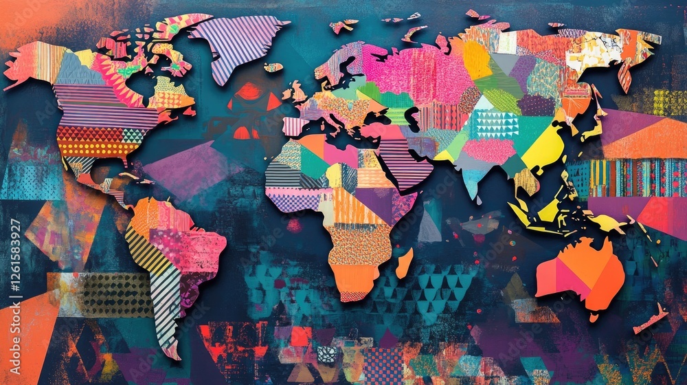 Poster a vibrant world map featuring geometric patterns and bright colors, offering a modern, artistic take