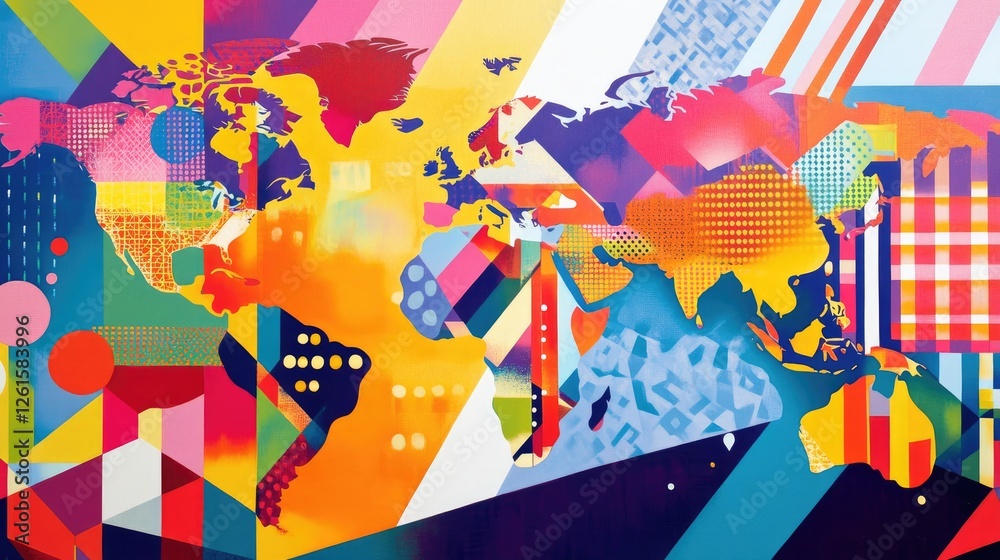 Poster a vibrant world map featuring geometric patterns and bright colors, offering a modern, artistic take