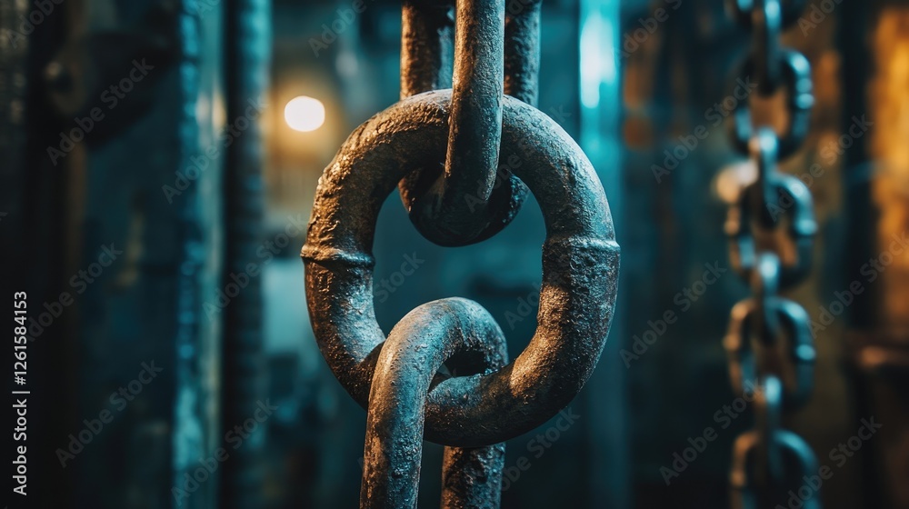 Poster a vintage industrial setting with rusty gears and chains, illuminated by dramatic lighting, creating