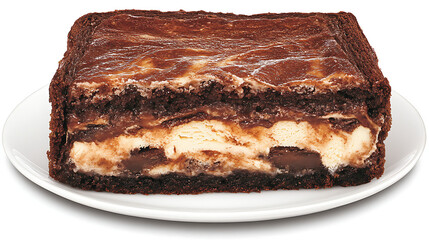 Chocolate Brownie Layered Dessert Delight with Cream Cheese Swirls and Fudge on a White Plate