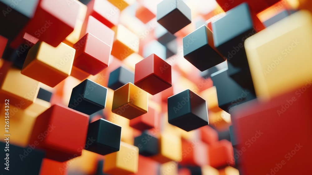 Aufkleber A visually striking scene of floating 3D cubes, randomly arranged, with a blend of shadows and depth to create a modern, energetic pattern