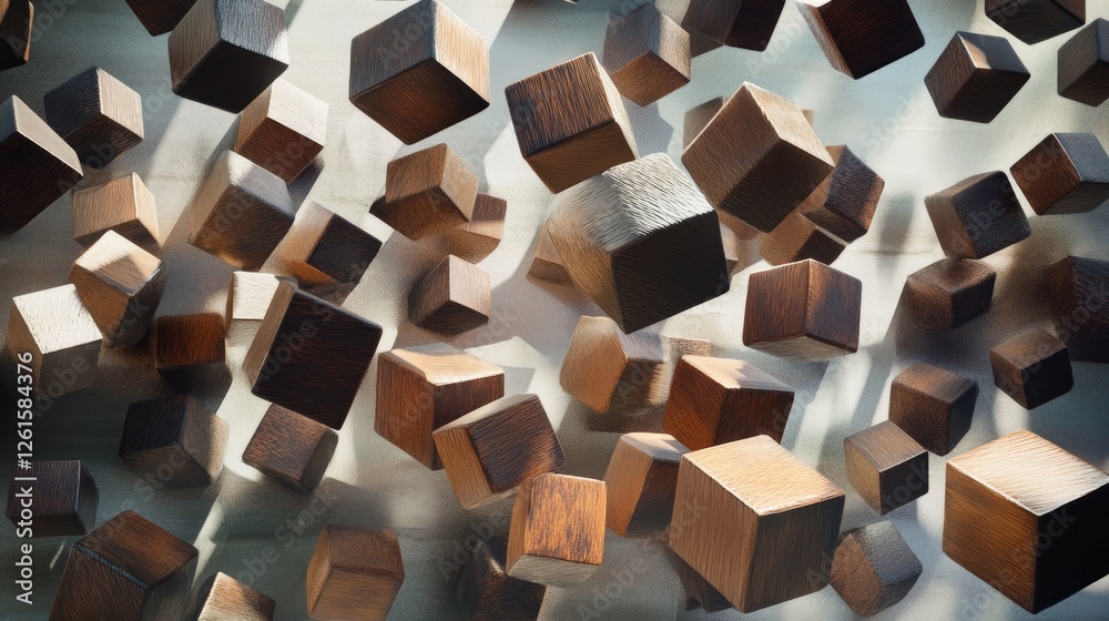 Poster A visually striking scene of floating 3D cubes, randomly arranged, with a blend of shadows and depth to create a modern, energetic pattern