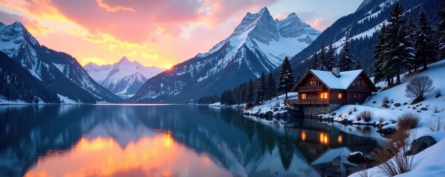 Serene lake in front of a mountain hut near Werfenweng ski resort at sunset, mountain hut, serene, nature