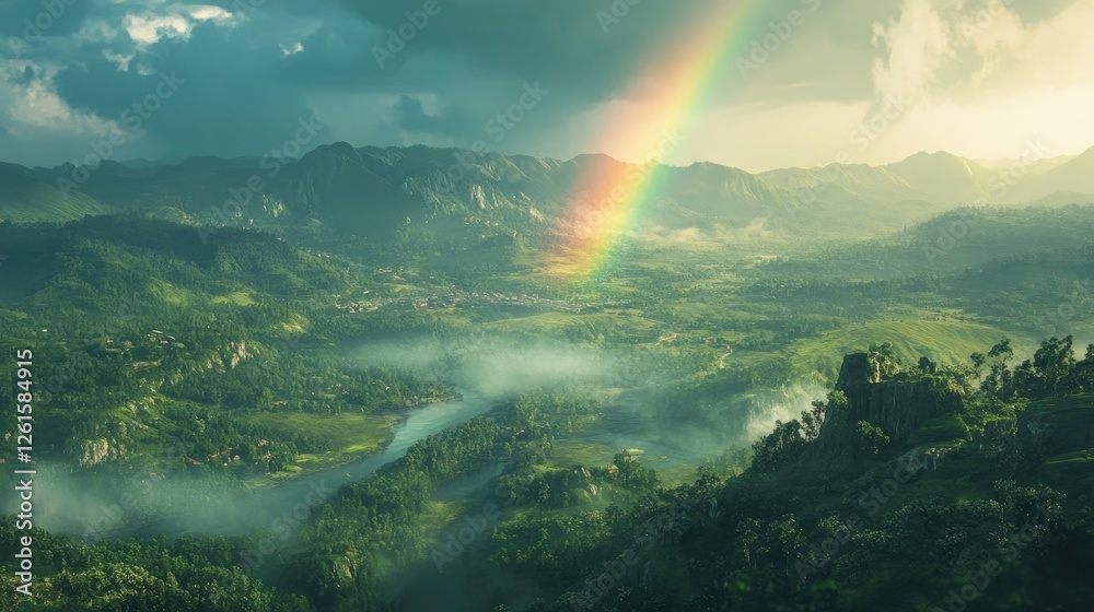 Aufkleber a wide-angle view of a double rainbow stretching across a lush green valley, mist from a recent summ