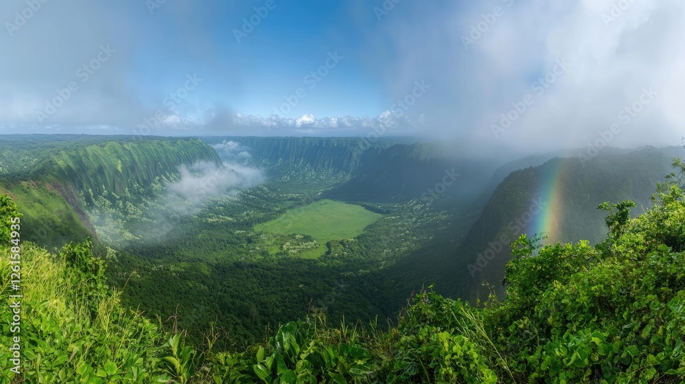 Aufkleber a wide-angle view of a double rainbow stretching across a lush green valley, mist from a recent summ