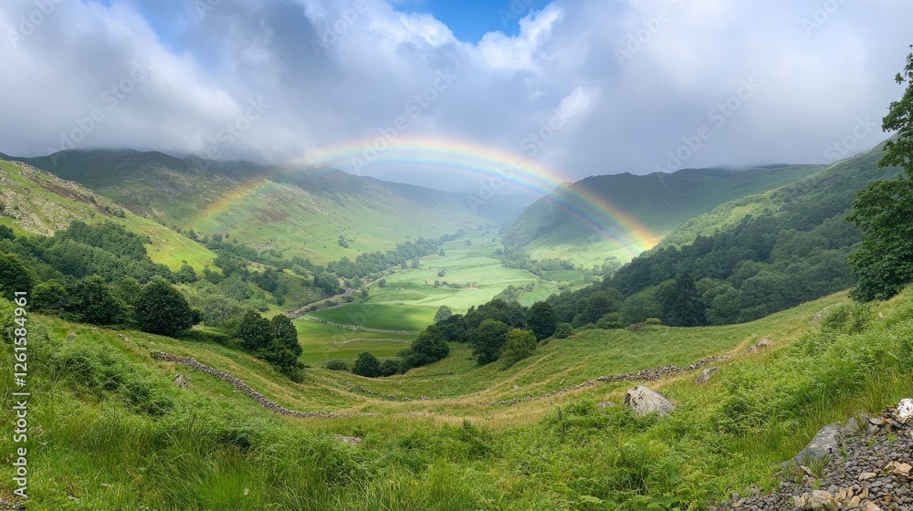 Poster a wide-angle view of a double rainbow stretching across a lush green valley, mist from a recent summ
