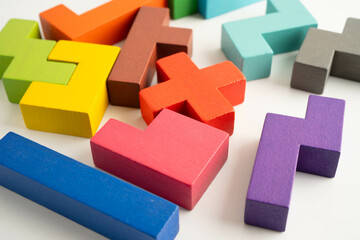 Logical thinking and problem solving problem solution creative business, wooden puzzle geometric block shape.