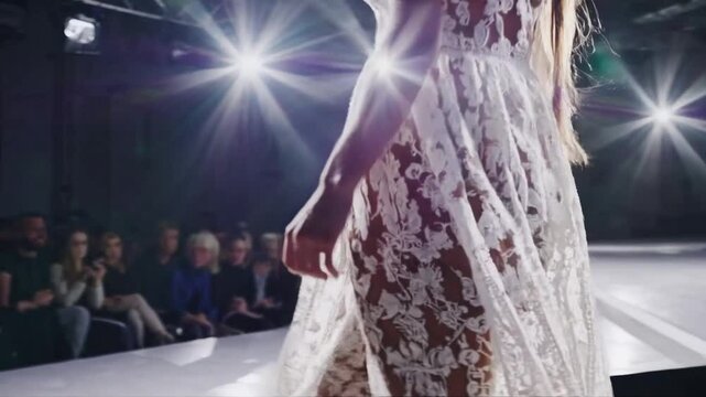 A fashion model walks down the runway wearing a sheer lace dress with intricate floral details. The spotlight illuminates the outfit. The audience is blurred in the background.