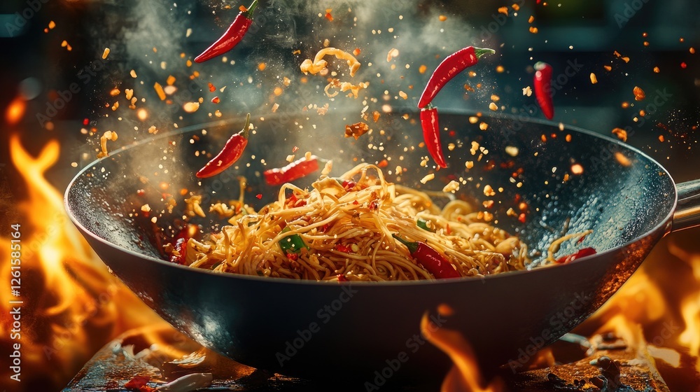 Poster A wok pan filled with flying noodles, red chili peppers, and soy sauce splashes, with a fiery glowing background, creating a dynamic and appetizing scene