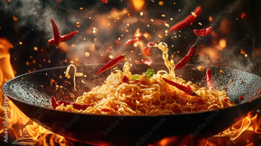 Poster A wok pan filled with flying noodles, red chili peppers, and soy sauce splashes, with a fiery glowing background, creating a dynamic and appetizing scene