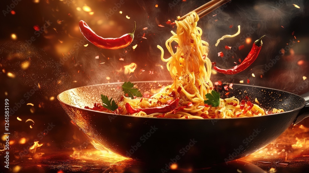 Poster A wok pan filled with flying noodles, red chili peppers, and soy sauce splashes, with a fiery glowing background, creating a dynamic and appetizing scene