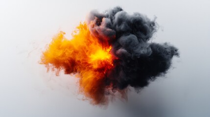 Fiery Orange And Yellow Explosion With Black Smoke On White Background