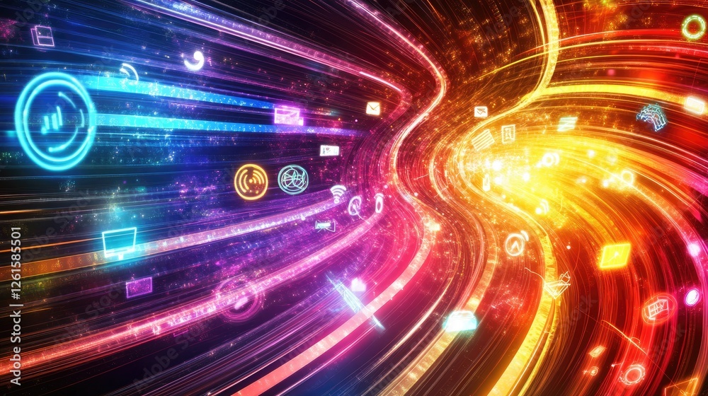 Poster Abstract background of neon lines swirling, representing the flow of data, with communication icons embedded throughout to illustrate a tech-driven world