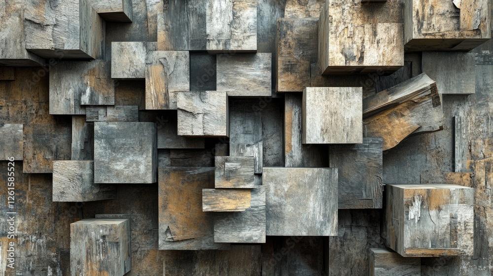 Poster Abstract 3D cubes in dynamic arrangement with varying textures and depths, creating an intriguing visual pattern, emphasizing movement and energy