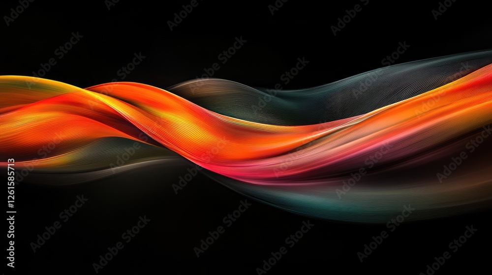 Poster Abstract light waves in bright, vivid colors cutting through a dark black background, creating a dynamic and visually exciting visual experience