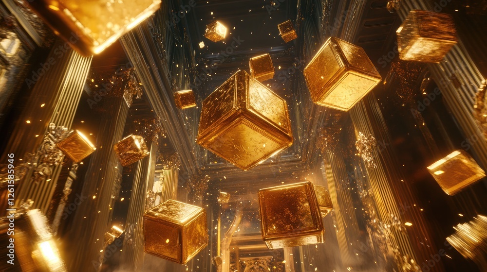 Poster Abstract scene of floating golden cubes in a luxurious environment, surrounded by glowing elements that exude wealth, elegance, and refinement