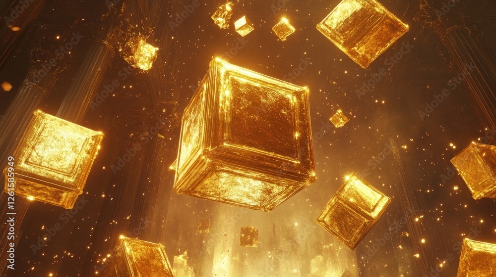 Poster abstract scene of floating golden cubes in a luxurious environment, surrounded by glowing elements t