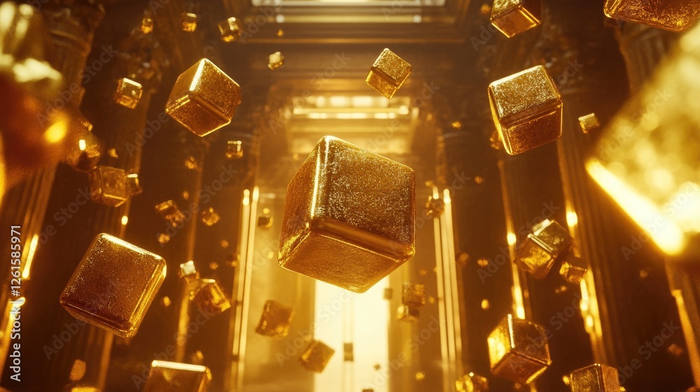 Poster abstract scene of floating golden cubes in a luxurious environment, surrounded by glowing elements t