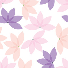 seamless repeat pattern with  purple and pink monochrome colored floral motifs on a white background perfect for fabric, scrap booking, wallpaper, gift wrap projects