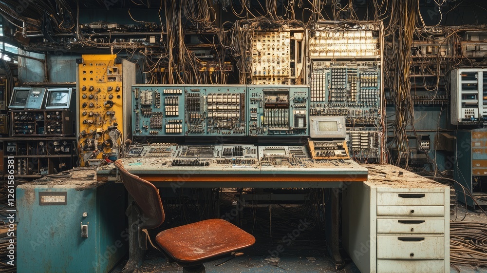 Poster an abandoned workstation with piles of old electronics and cables, capturing the forgotten era of co