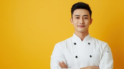 Confident Asian chef in pristine uniform against a vibrant golden yellow backdrop, conveying culinary expertise and professionalism