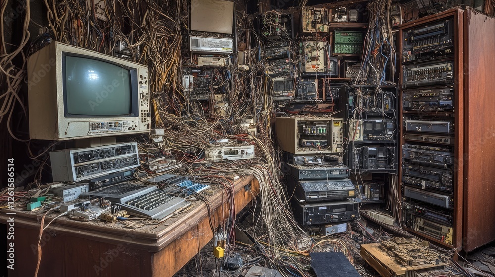 Poster an abandoned workstation with piles of old electronics and cables, capturing the forgotten era of co