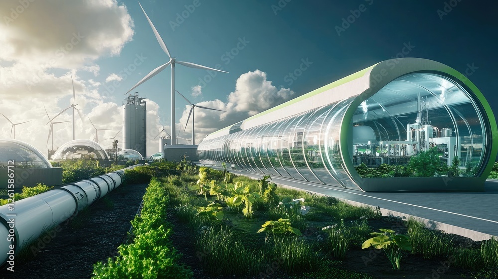 Aufkleber an advanced green factory with a visible hydrogen pipeline, surrounded by wind turbines, showcasing 