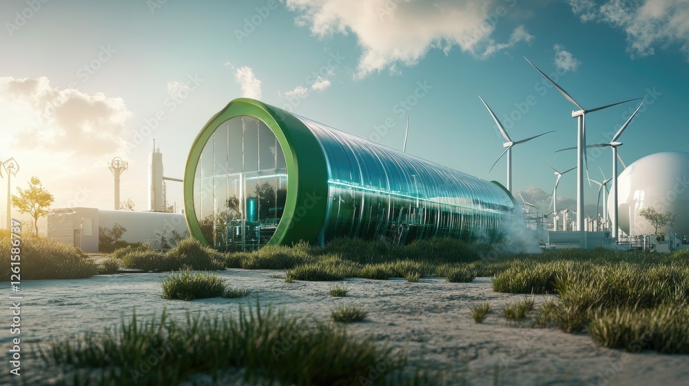 Poster an advanced green factory with a visible hydrogen pipeline, surrounded by wind turbines, showcasing 