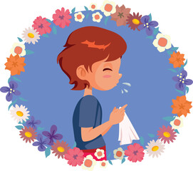 Sneezing Boy Surrounded by Floral Allergens Vector Concept Illustration. Child suffering from seasonal allergies during spring blooming time
