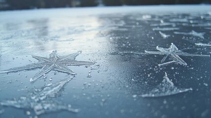 Close-up of frozen ice with star-shaped formations, reflecting light on a serene winter lake