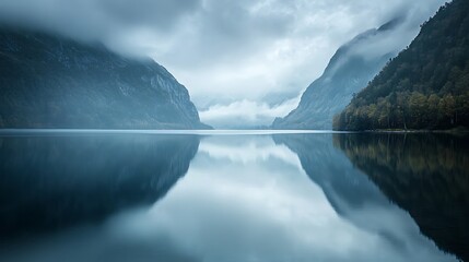 Fototapeta premium A peaceful lake under a cloudy sky with the still water mirroring the gentle shades grey